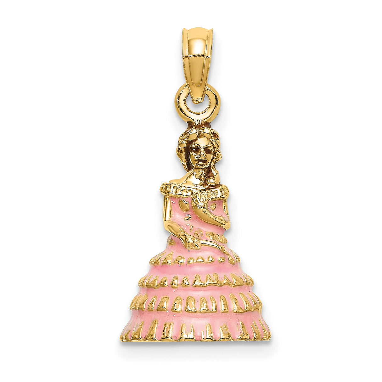 14k Yellow Gold Quinceañera Pendant with Pink Enamel Ruffled Dress Charm