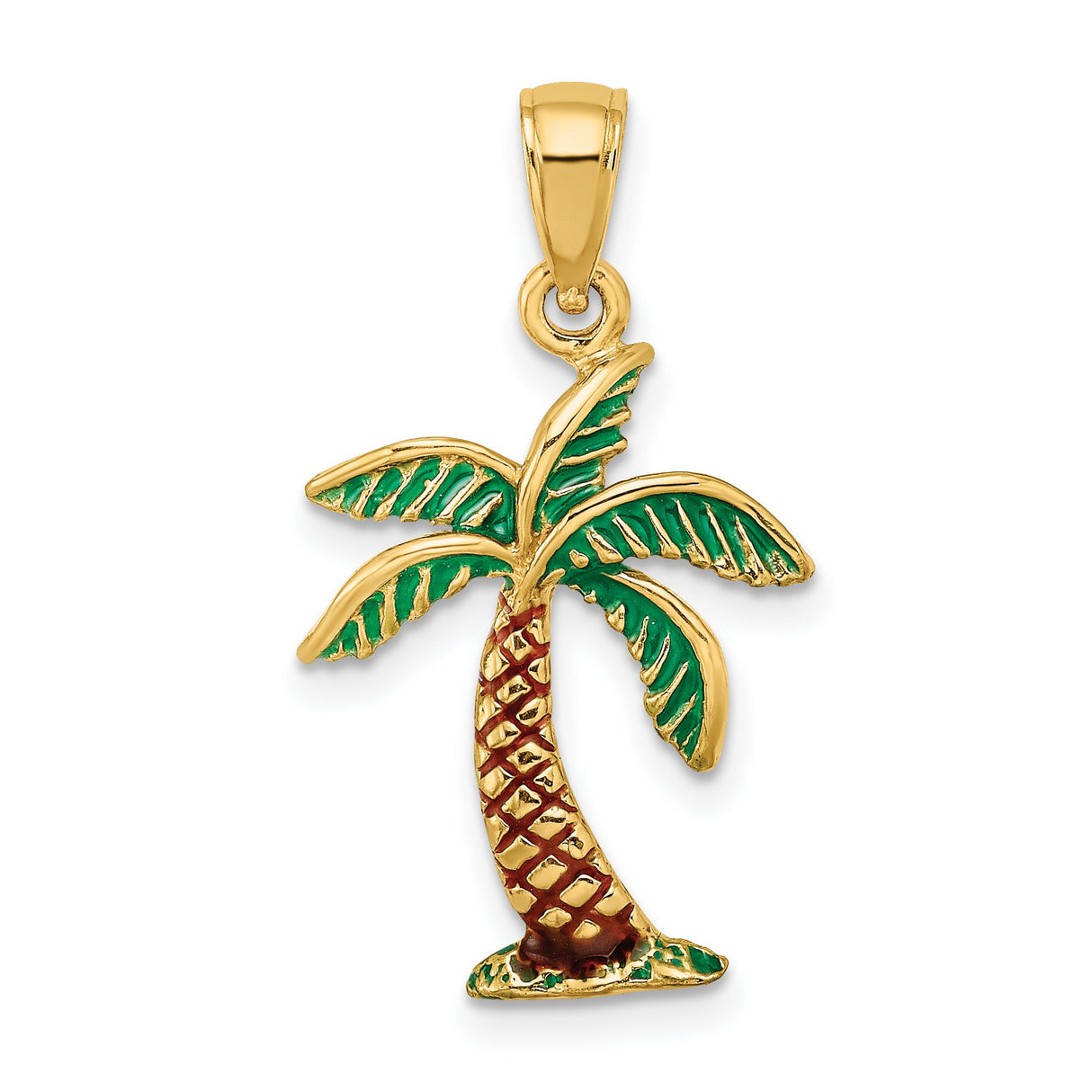 14k Yellow Gold Palm Tree Pendant with Green and Brown Enamel, Tropical Beach Theme