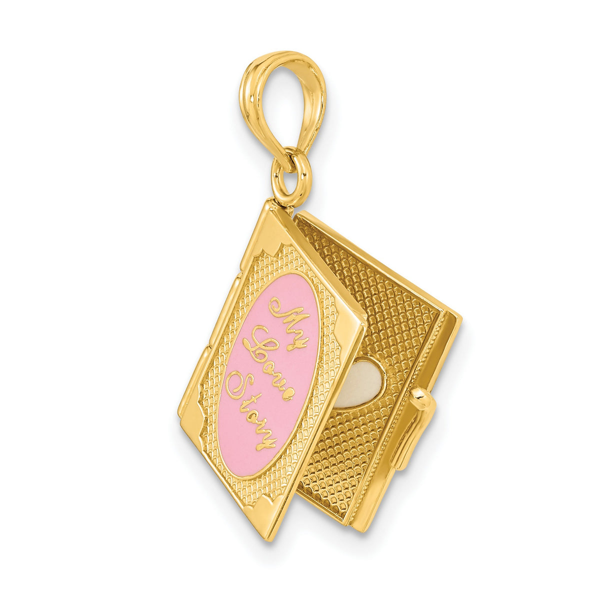 14k Yellow Gold Book Locket Pendant with Pink Enamel, Romantic Love Story Jewelry for Women