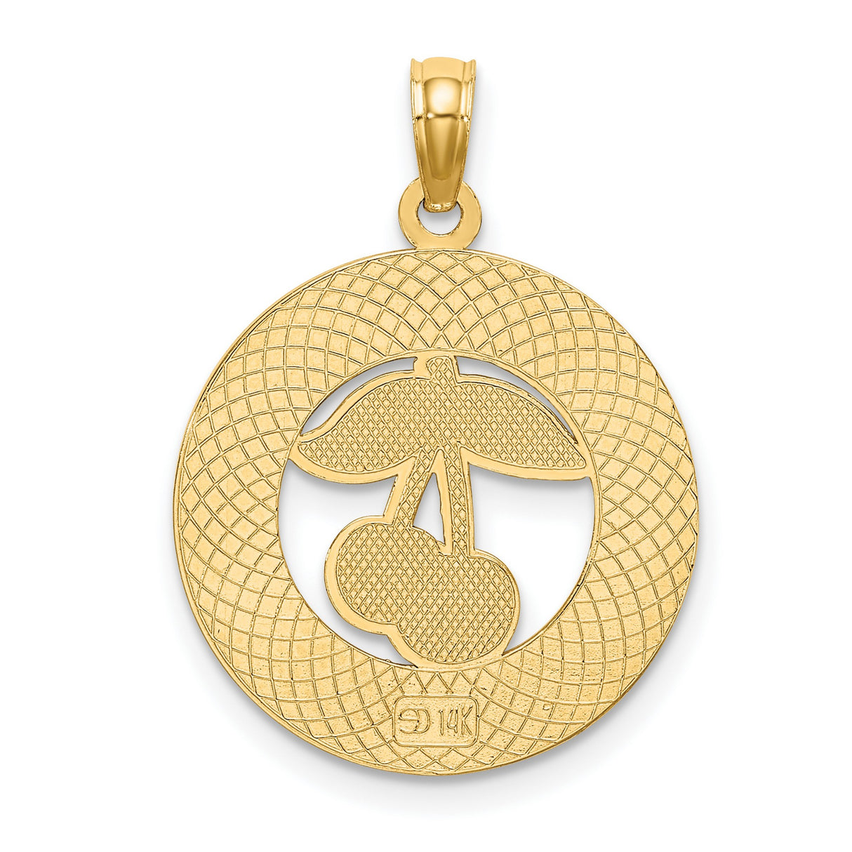 14k Yellow Gold Traverse City Pendant with Enamel Colorful Cherries, Michigan Souvenir Charm