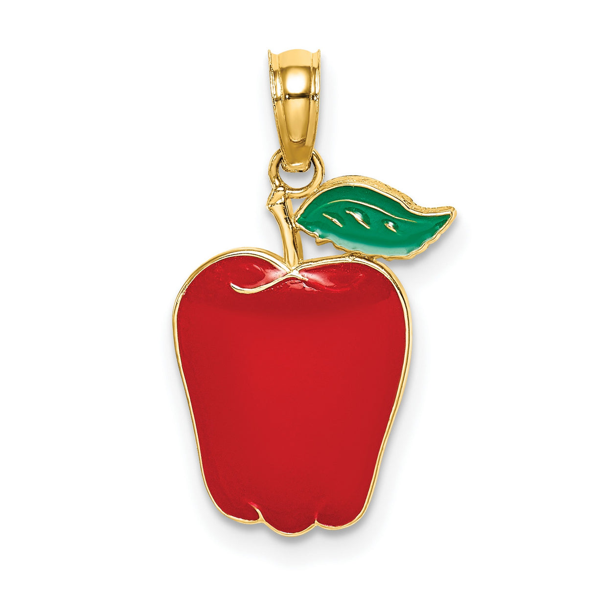 14k Yellow Gold Apple Pendant with Red Enamel and Green Leaf, Unisex Teacher Charm
