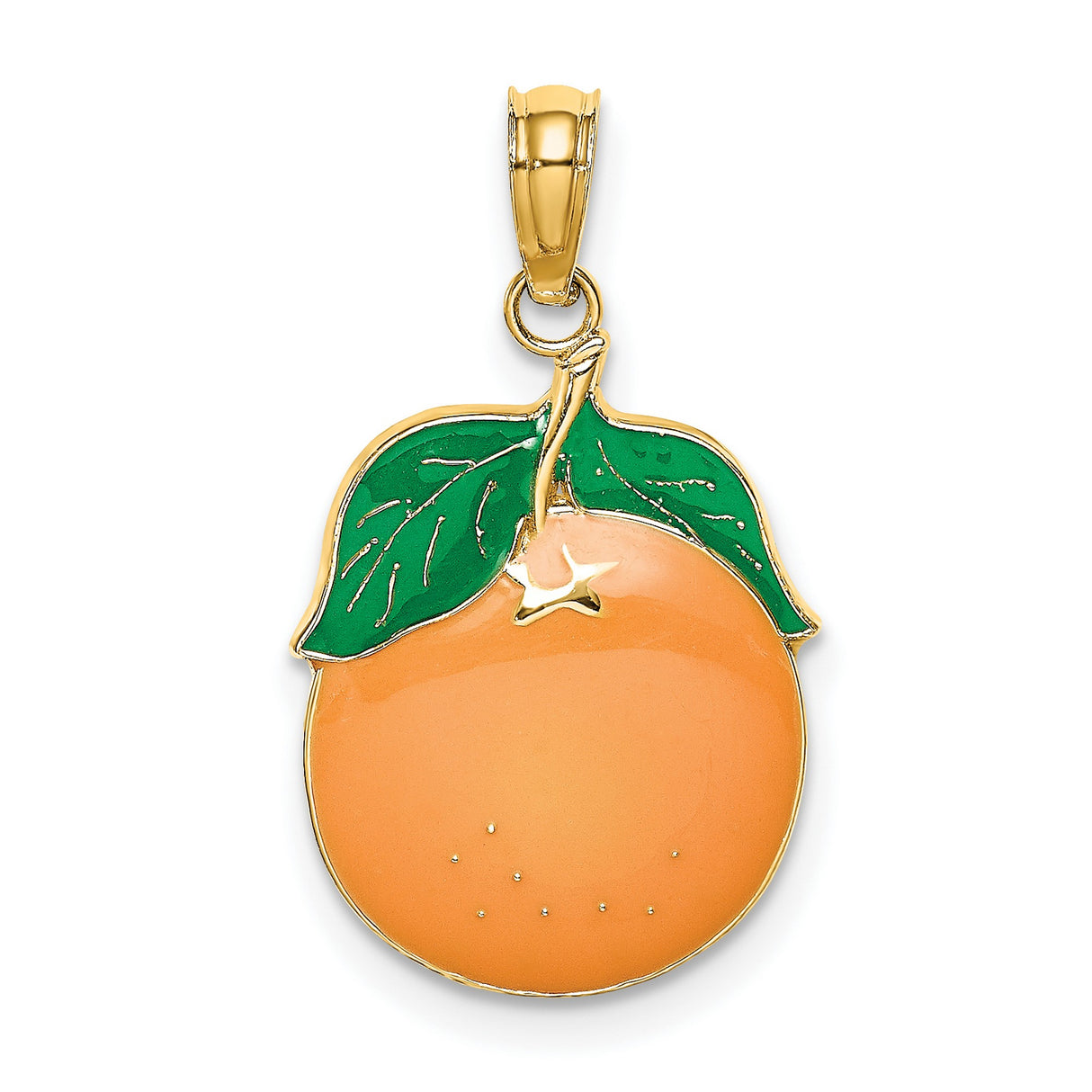 14k Yellow Gold Orange Fruit Pendant with Green Enamel Leaves, Tropical Citrus Charm