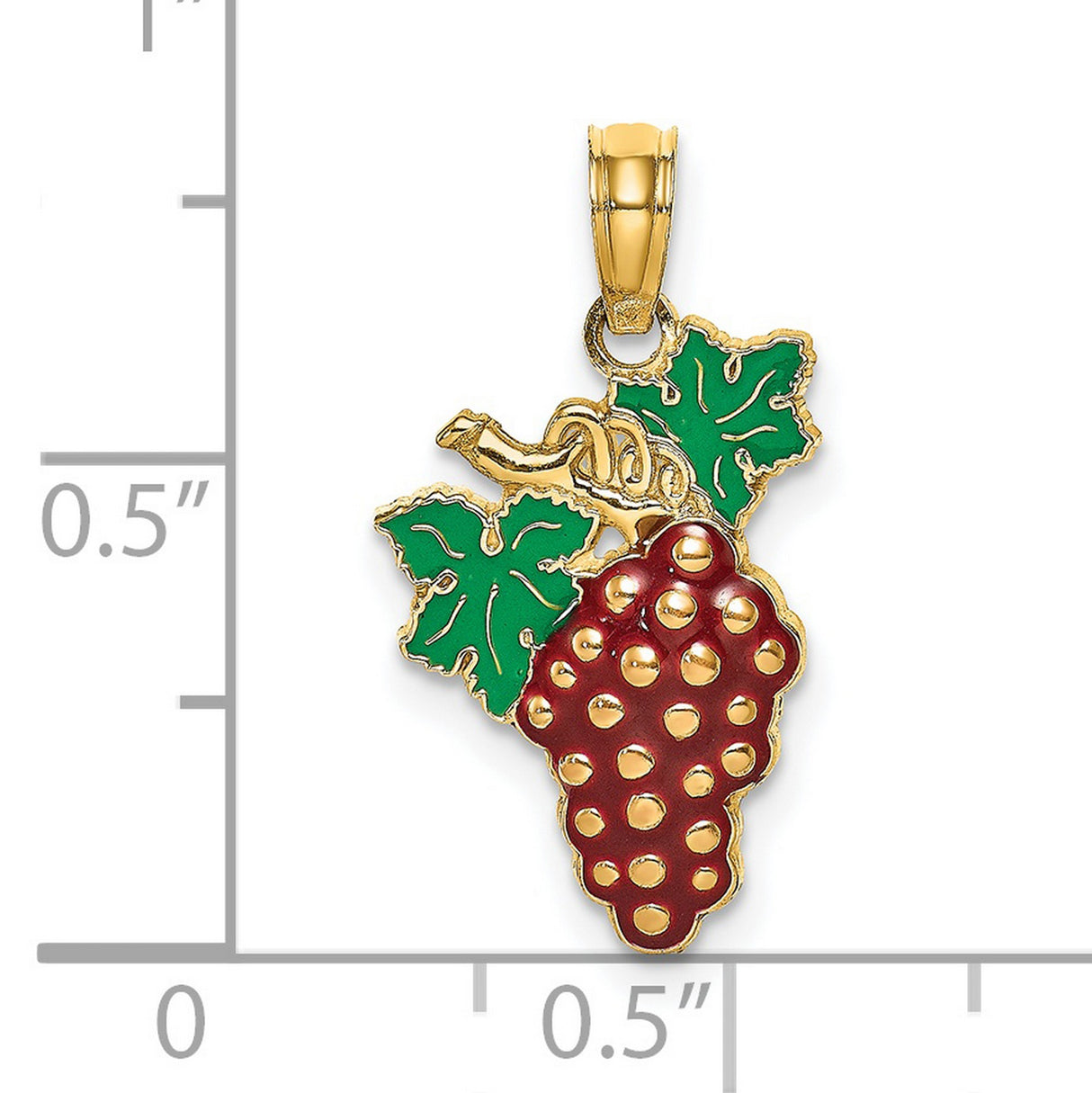 14k Yellow Gold Grape Cluster Pendant with Red Enamel and Green Leaf Detailing