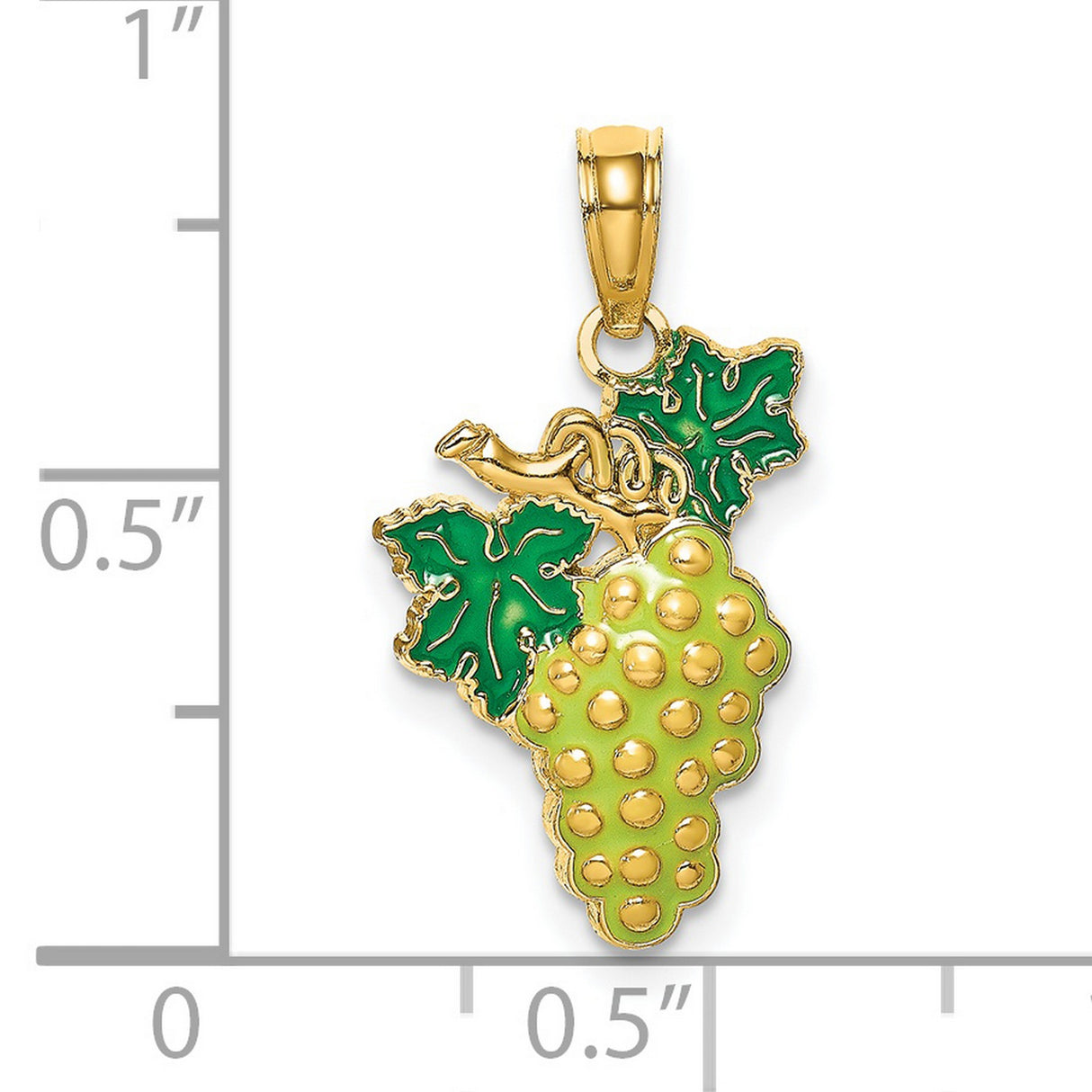 14k Yellow Gold Grape Cluster Pendant with Green Enamel Leaves, Nature-Inspired Vine Charm