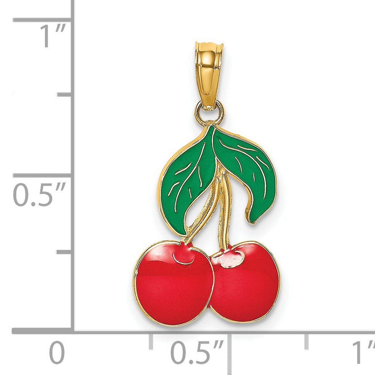 14k Yellow Gold Cherry Pendant with Red and Green Enamel Detail, Dual Cherries and Leaves