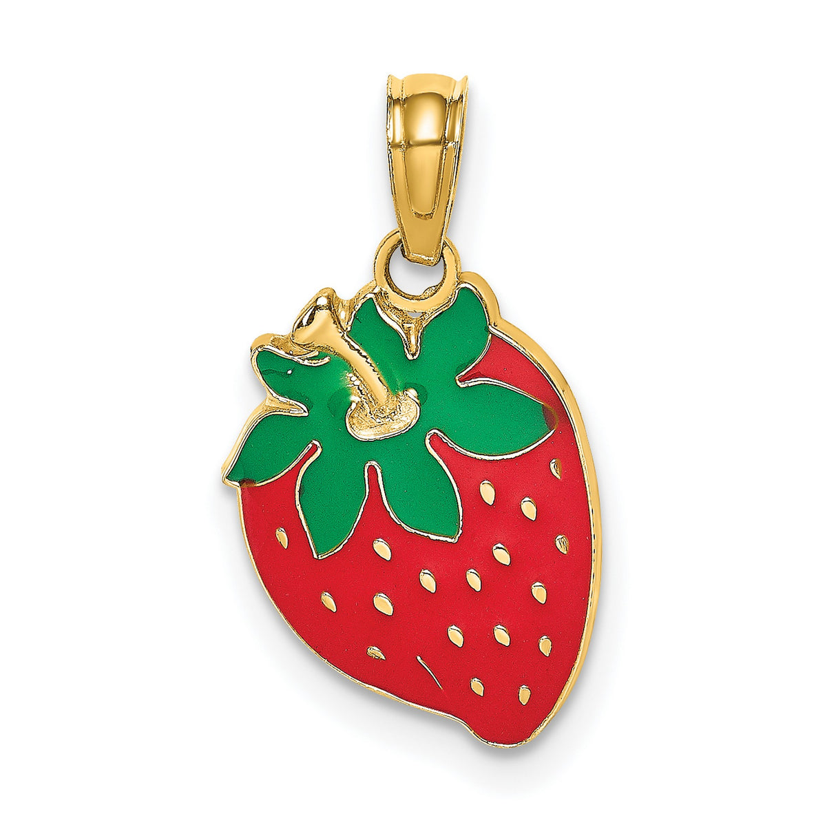 14k Yellow Gold Strawberry Pendant with Red and Green Enamel Detailing, Playful Fruit Charm