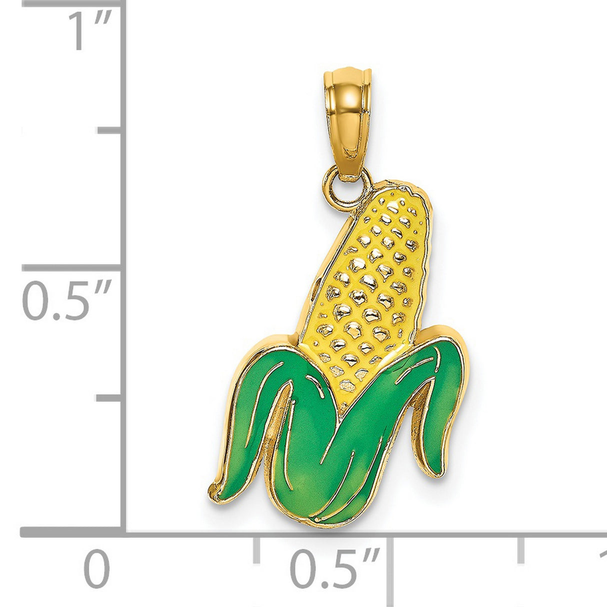 14k Yellow Gold Corn Pendant with Green Enamel Husk, Novelty Harvest Farm Charm