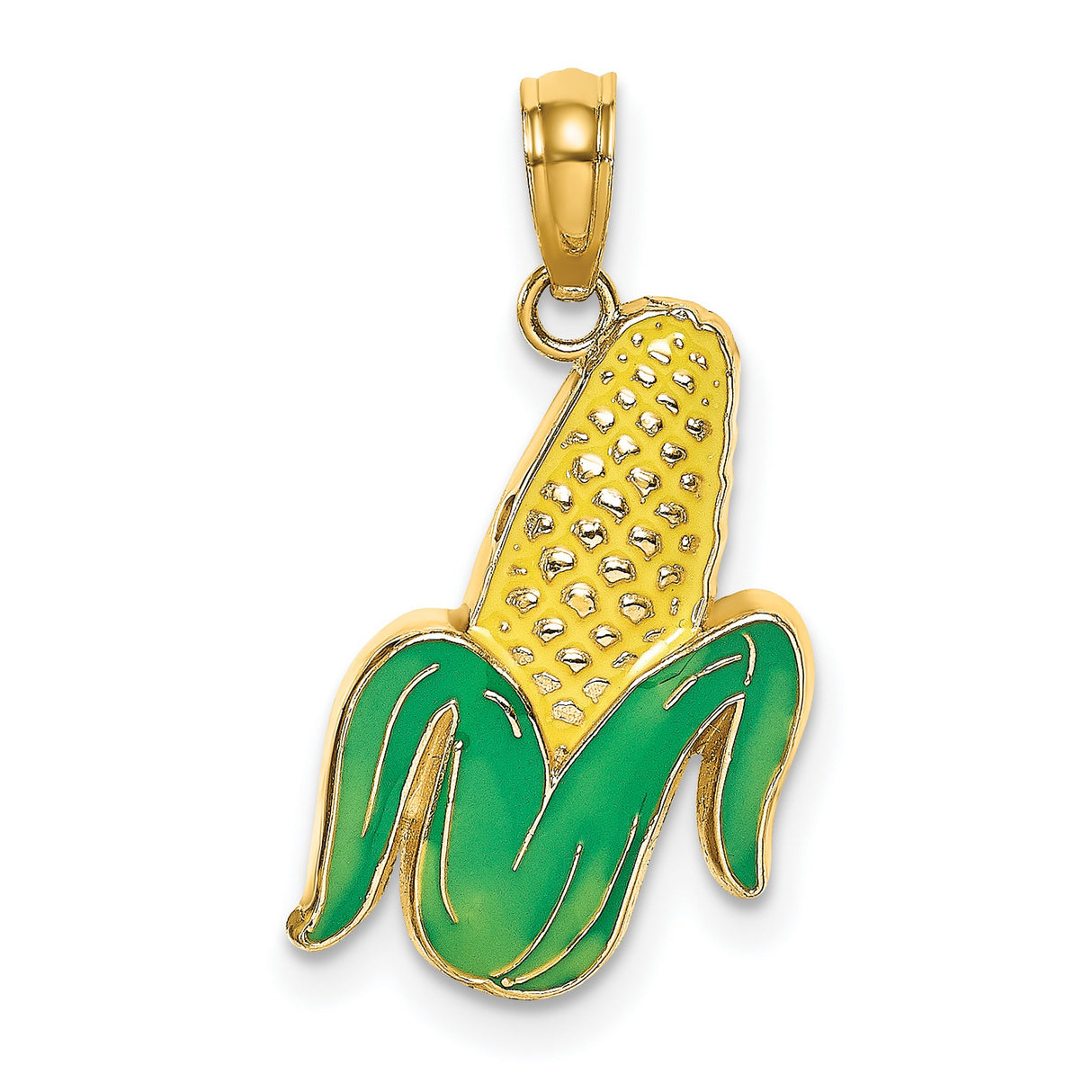 14k Yellow Gold Corn Pendant with Green Enamel Husk, Novelty Harvest Farm Charm