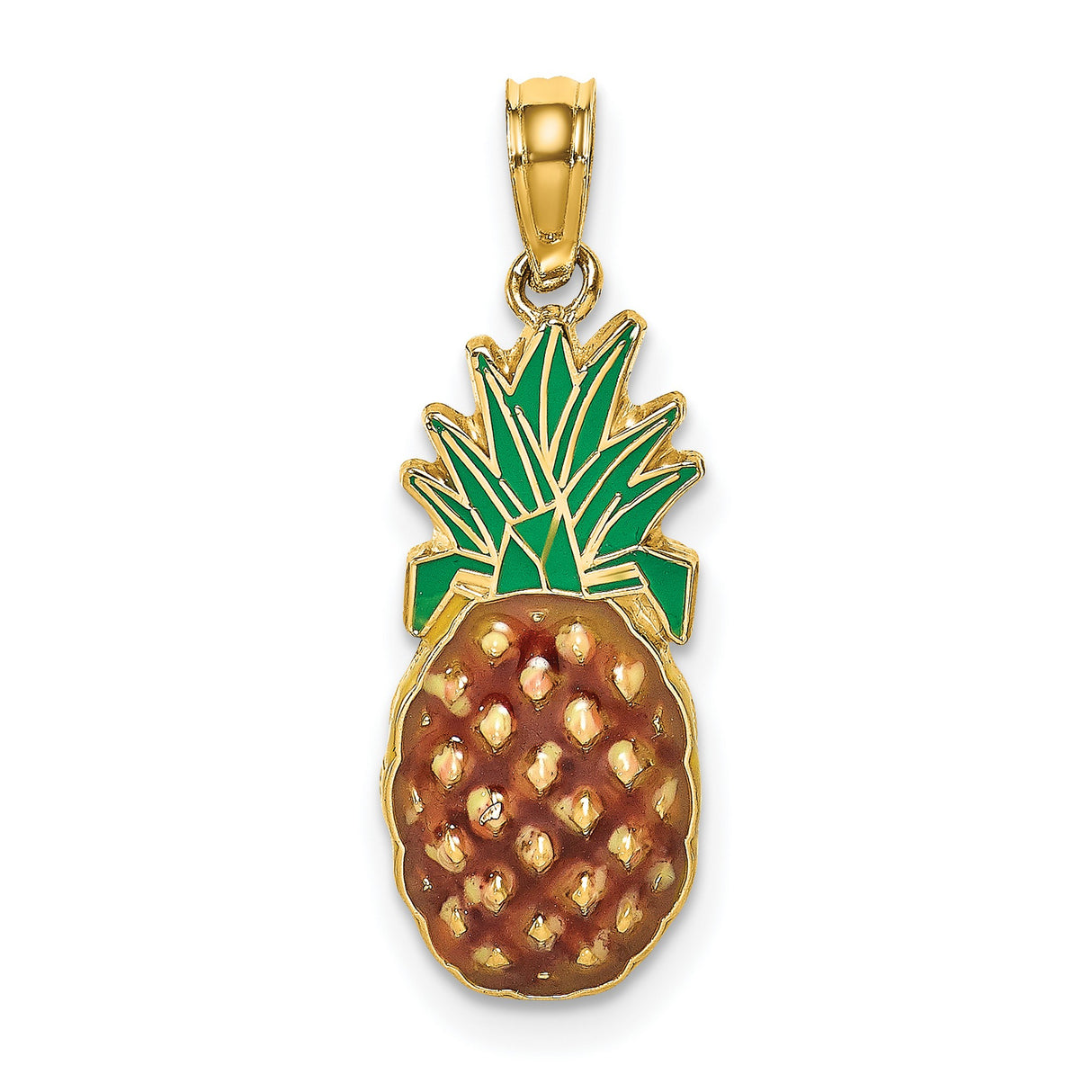 14k Yellow Gold Pineapple Pendant with Green and Brown Enamel, Tropical Fruit Charm