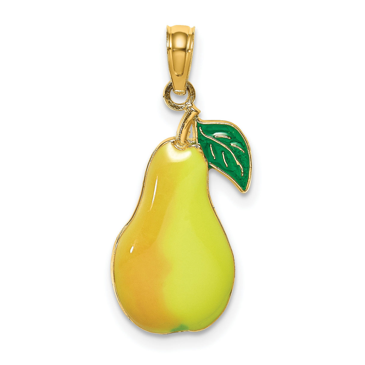14k Yellow Gold Pear Shaped Pendant with Colorful Enamel Leaf and Stem Design