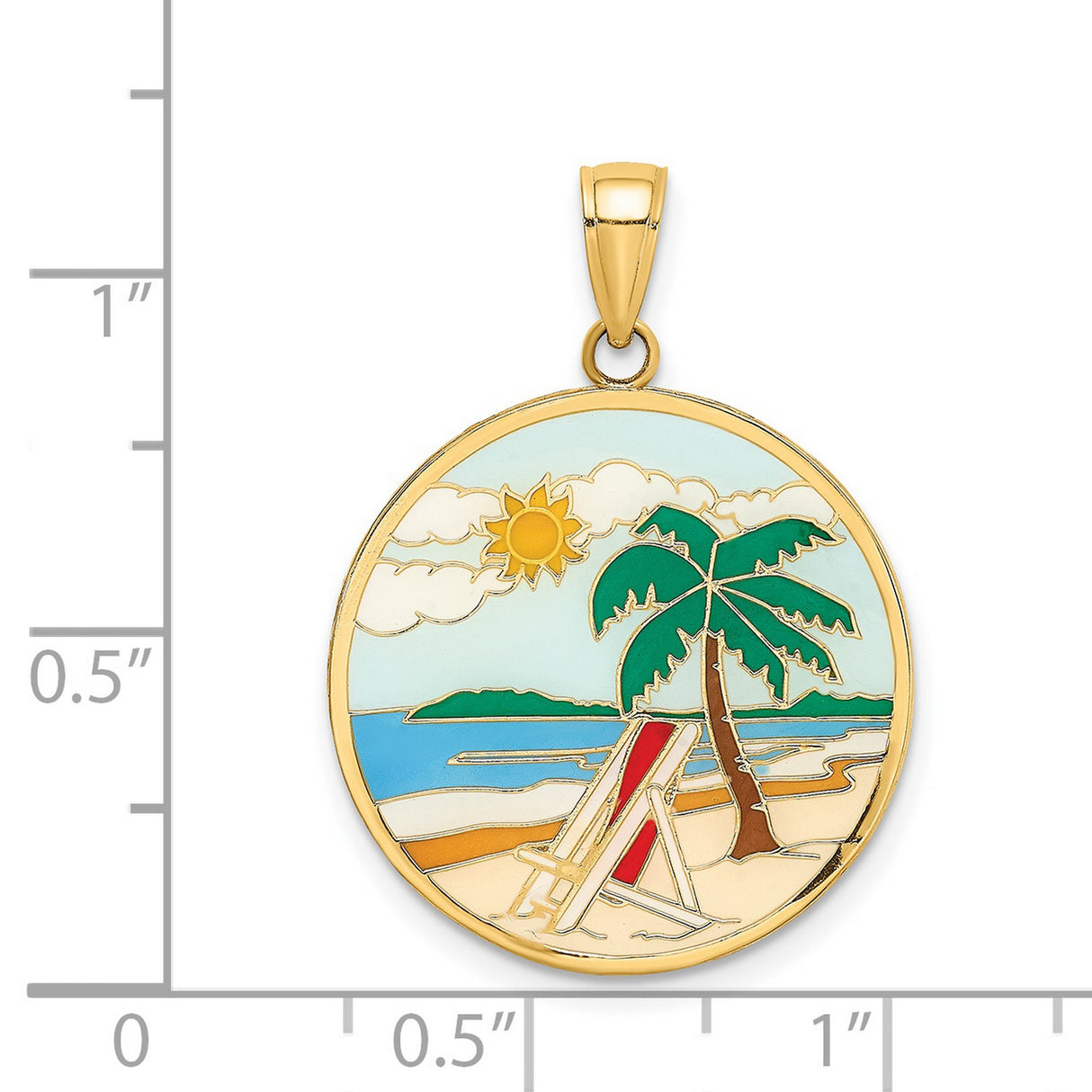 14k Yellow Gold Pendant with Beach Scene, Palm Tree, Sun, Ocean, and Lounge Chair Charm