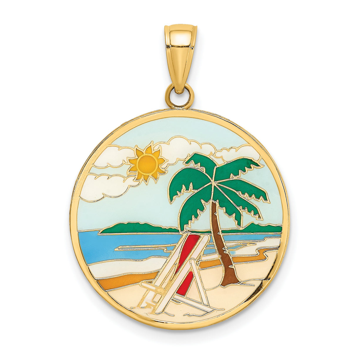 14k Yellow Gold Pendant with Beach Scene, Palm Tree, Sun, Ocean, and Lounge Chair Charm