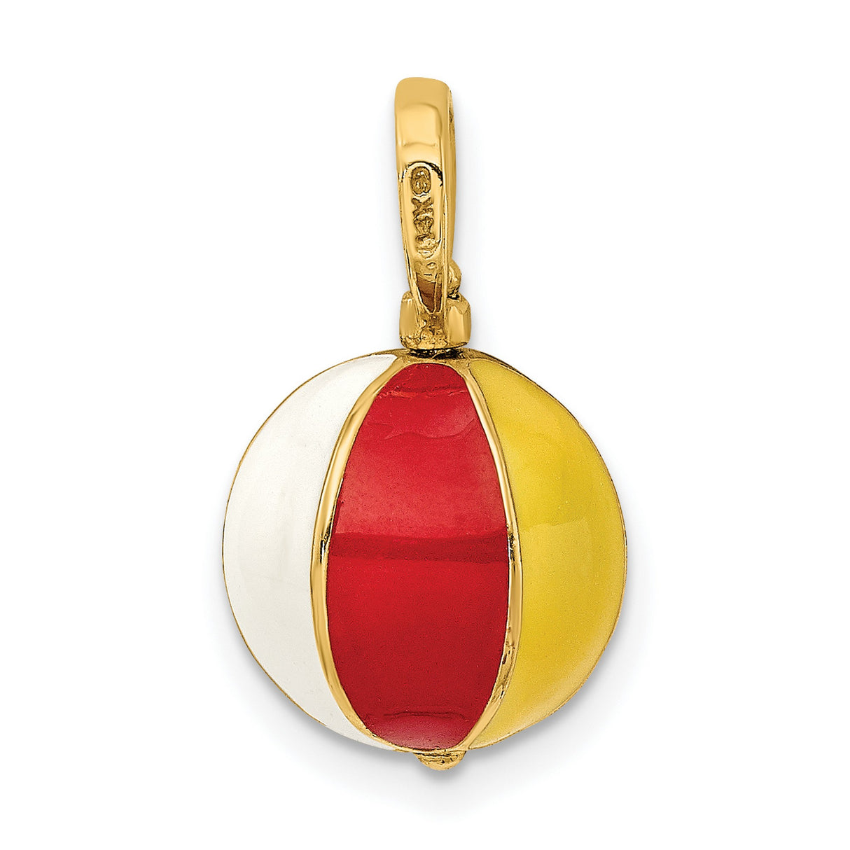 14k Yellow Gold Beach Ball Pendant with Green, Orange, and White Enamel Stripes