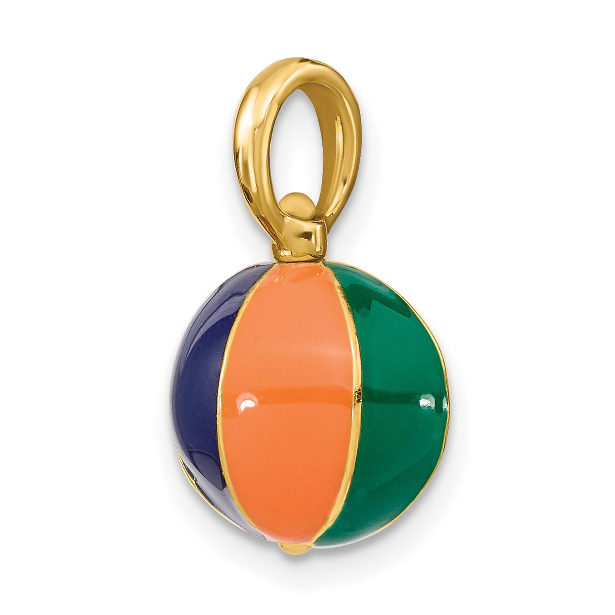 14k Yellow Gold Beach Ball Pendant with Green, Orange, and White Enamel Stripes
