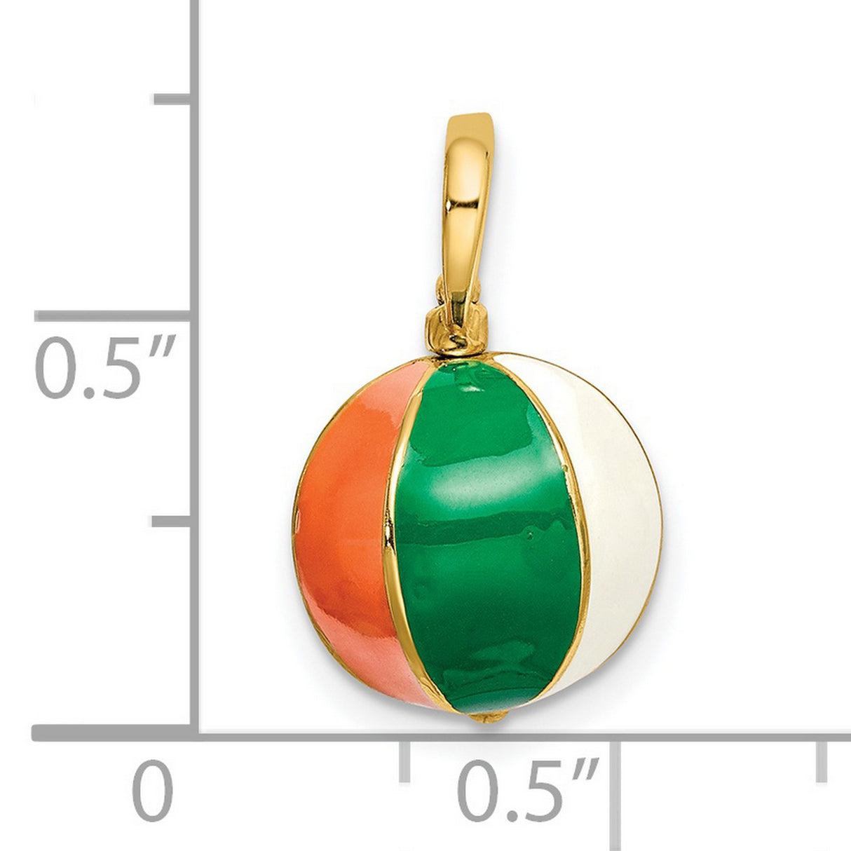 14k Yellow Gold Beach Ball Pendant with Green, Orange, and White Enamel Stripes