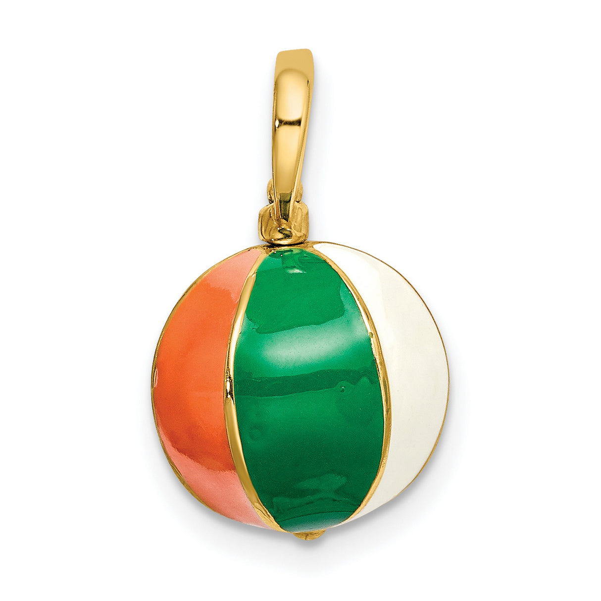 14k Yellow Gold Beach Ball Pendant with Green, Orange, and White Enamel Stripes