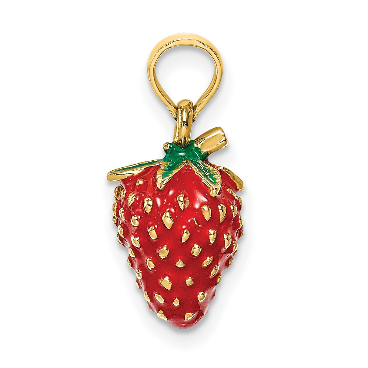 14k Yellow Gold Strawberry Pendant with Red and Green Enamel, Fruit Charm for Women
