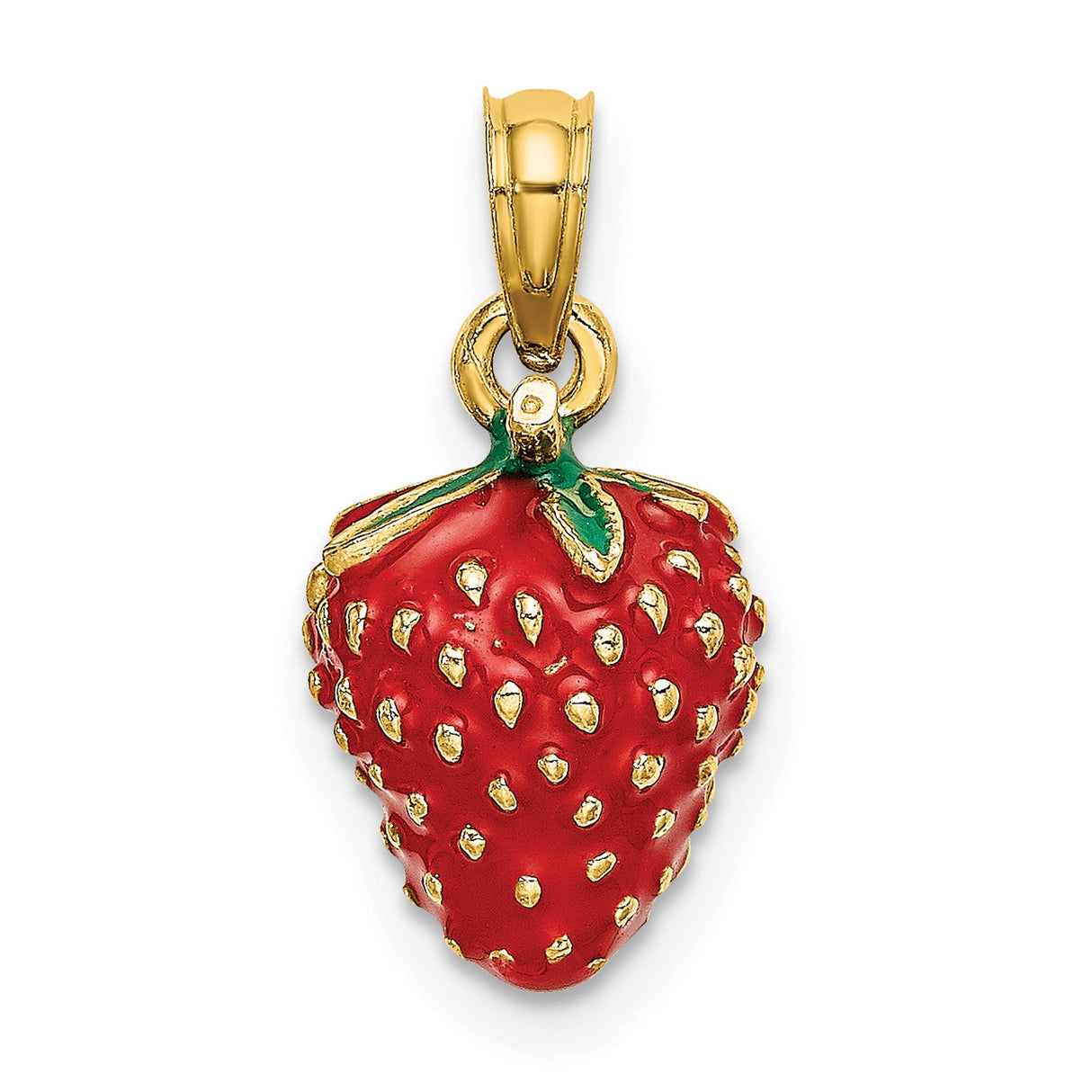14k Yellow Gold Strawberry Pendant with Red and Green Enamel, Fruit Charm for Women