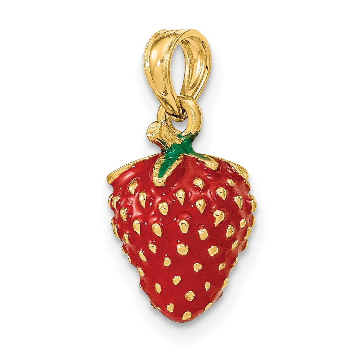 14k Yellow Gold Strawberry Pendant with Red and Green Enamel, Fruit Charm for Women