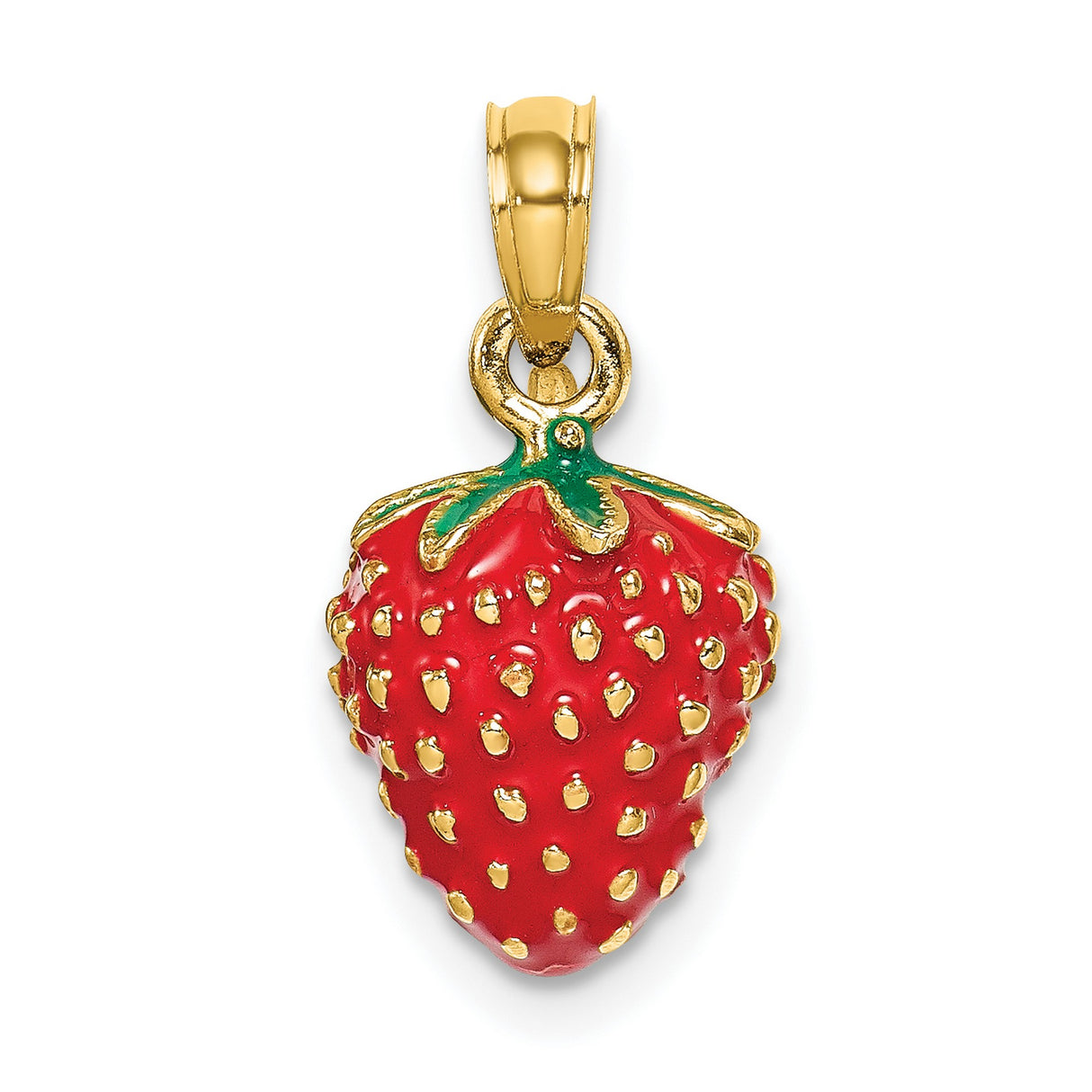 14k Yellow Gold Strawberry Pendant with Red and Green Enamel, Fruit Charm for Women