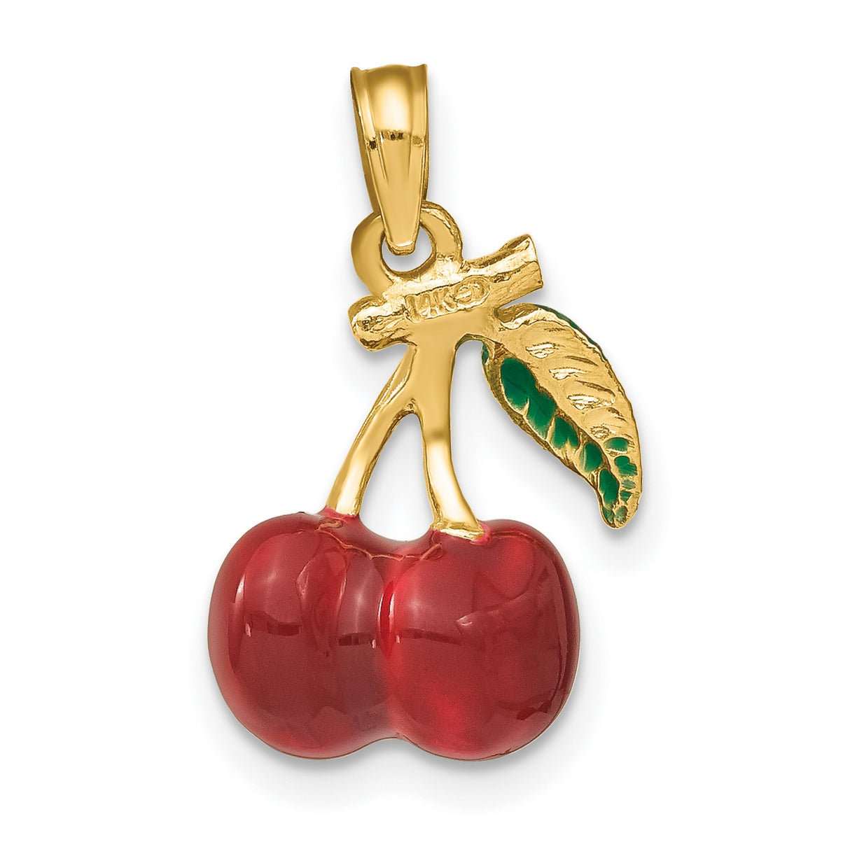 14k Yellow Gold Cherry Pendant with Red and Green Enamel, Dainty Fruit Charm for Women