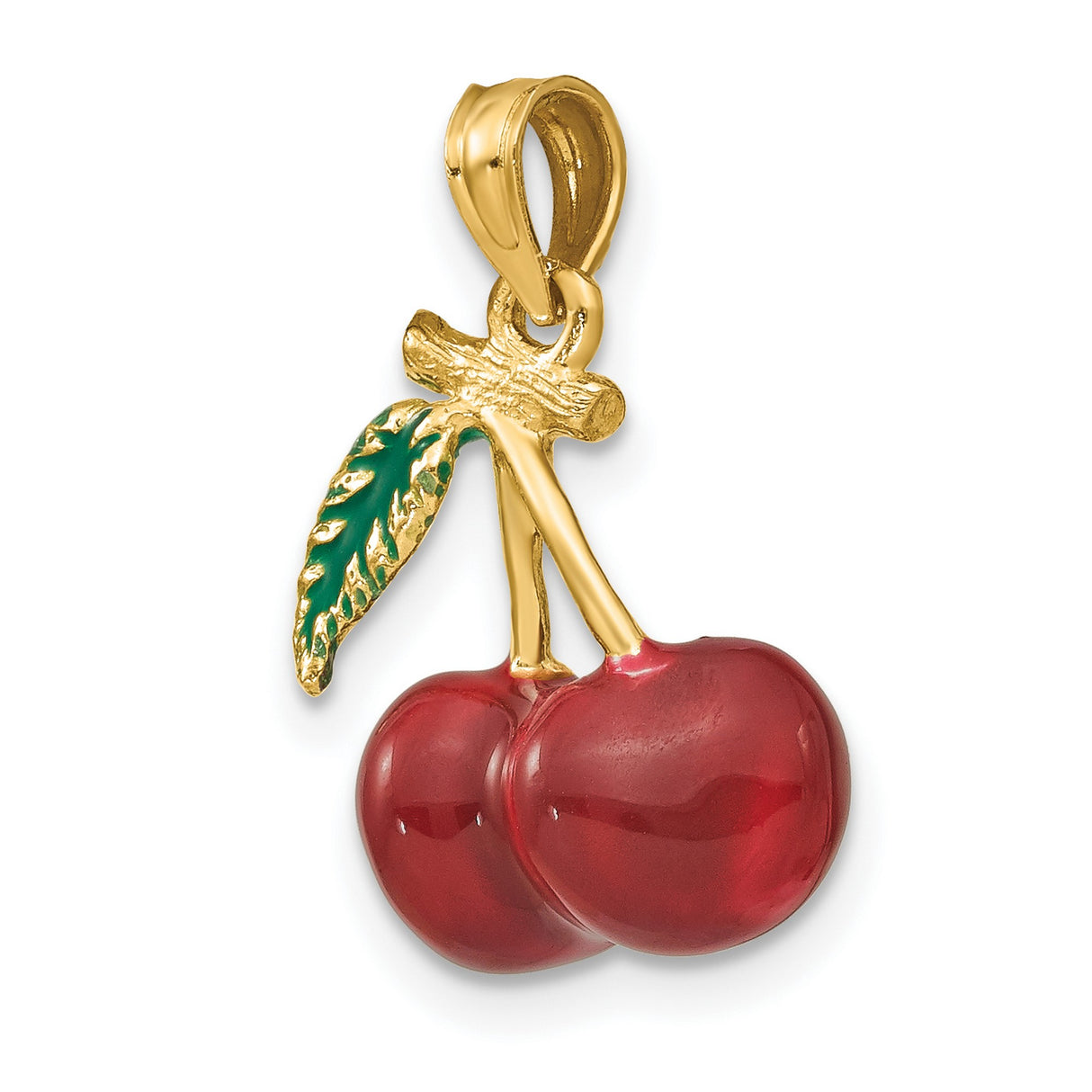 14k Yellow Gold Cherry Pendant with Red and Green Enamel, Dainty Fruit Charm for Women
