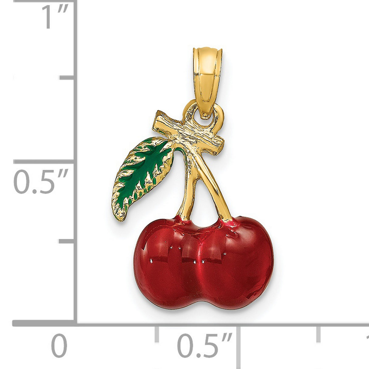 14k Yellow Gold Cherry Pendant with Red and Green Enamel, Dainty Fruit Charm for Women