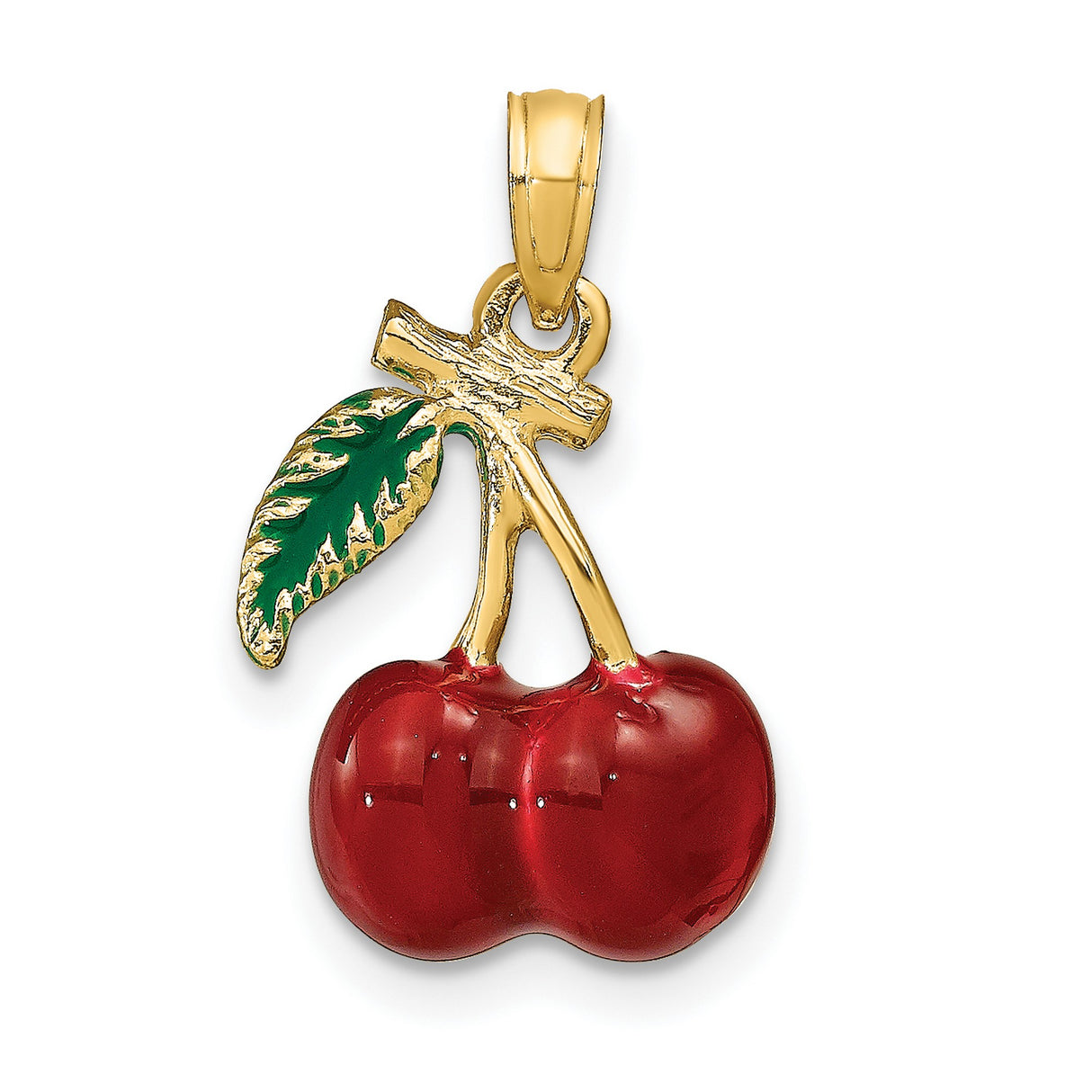 14k Yellow Gold Cherry Pendant with Red and Green Enamel, Dainty Fruit Charm for Women