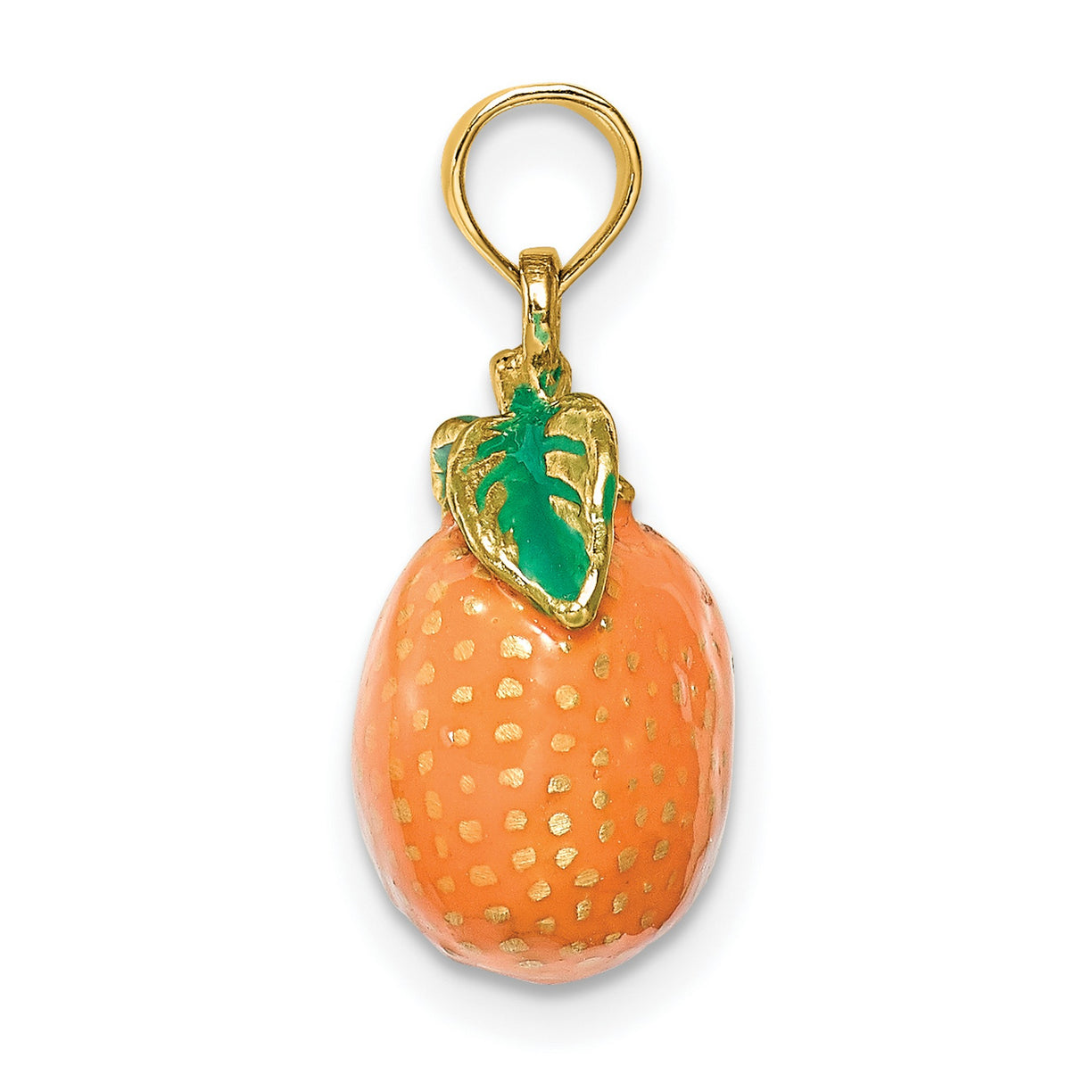 14k Yellow Gold Orange Fruit Pendant, Enamel Charm with Green Leaf, Nature-Inspired Jewelry