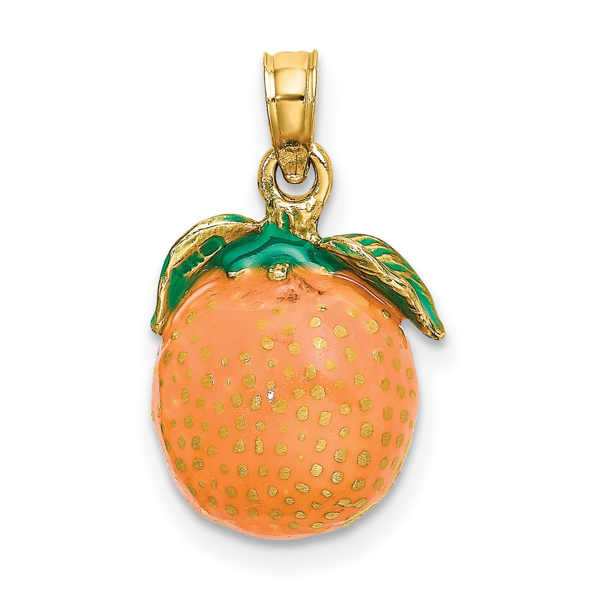 14k Yellow Gold Orange Fruit Pendant, Enamel Charm with Green Leaf, Nature-Inspired Jewelry