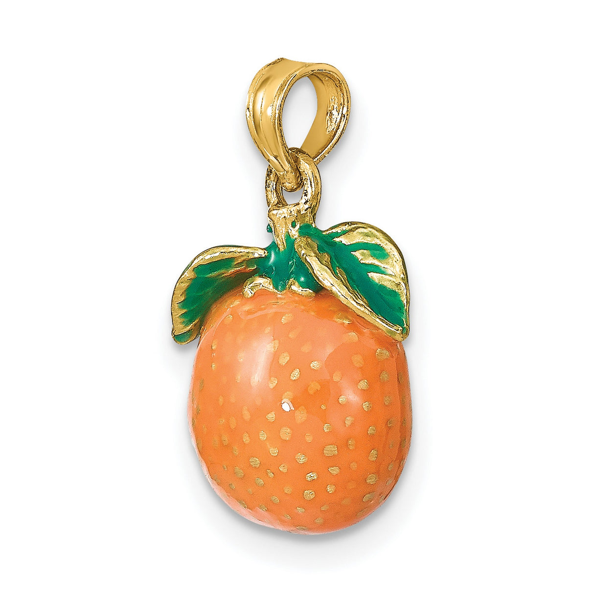 14k Yellow Gold Orange Fruit Pendant, Enamel Charm with Green Leaf, Nature-Inspired Jewelry