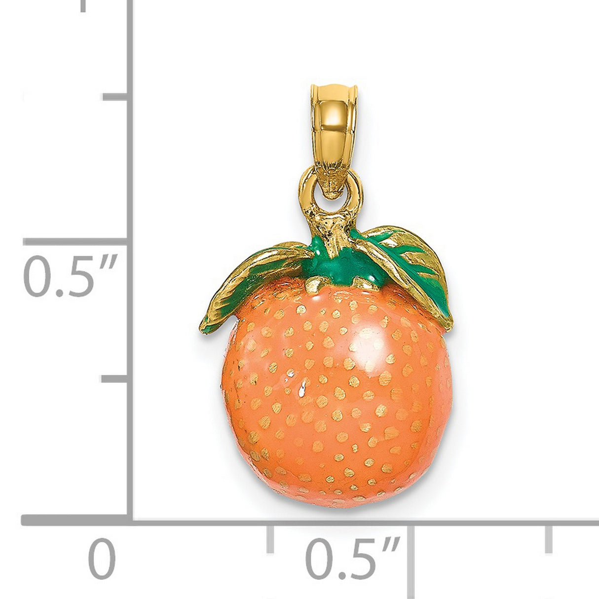 14k Yellow Gold Orange Fruit Pendant, Enamel Charm with Green Leaf, Nature-Inspired Jewelry