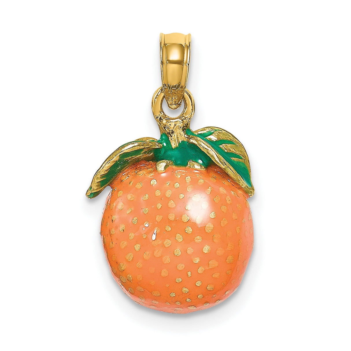 14k Yellow Gold Orange Fruit Pendant, Enamel Charm with Green Leaf, Nature-Inspired Jewelry