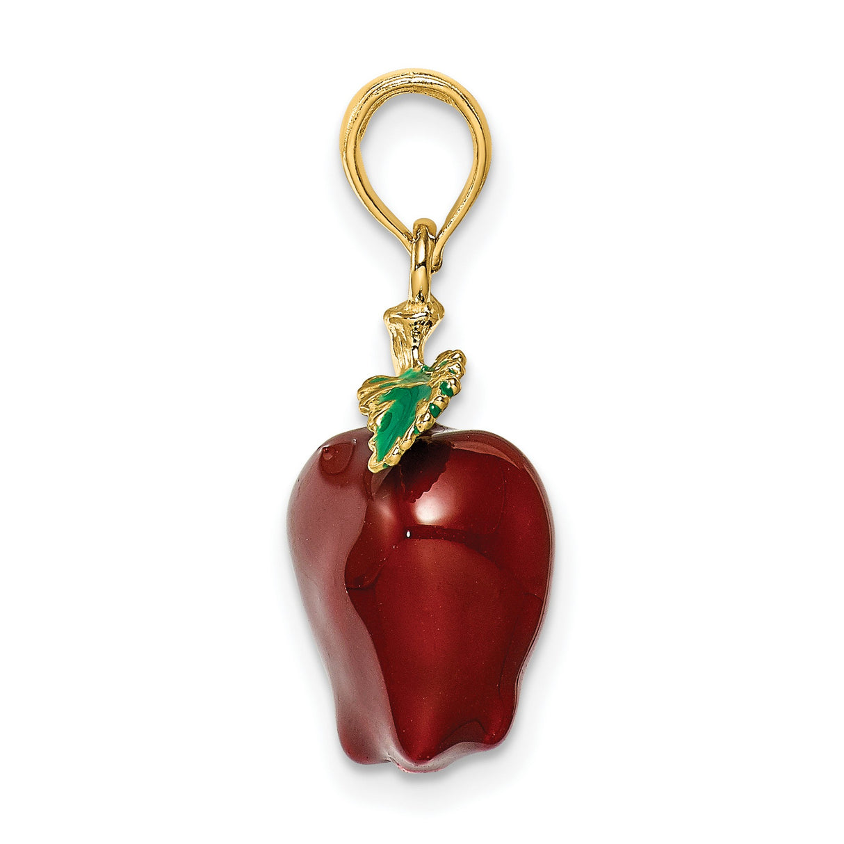 14k Yellow Gold Apple Pendant with Red Enamel and Green Leaf , Fruit Charm Jewelry