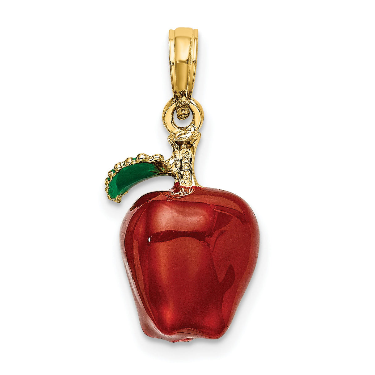 14k Yellow Gold Apple Pendant with Red Enamel and Green Leaf , Fruit Charm Jewelry
