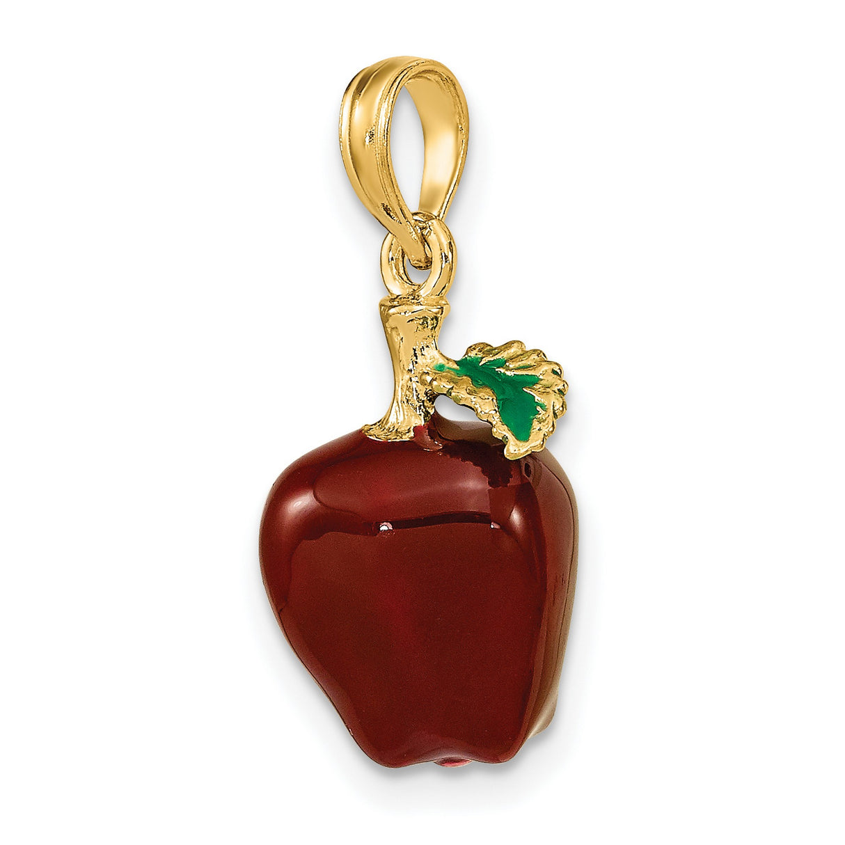 14k Yellow Gold Apple Pendant with Red Enamel and Green Leaf , Fruit Charm Jewelry
