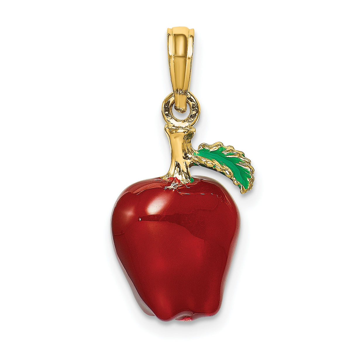 14k Yellow Gold Apple Pendant with Red Enamel and Green Leaf , Fruit Charm Jewelry