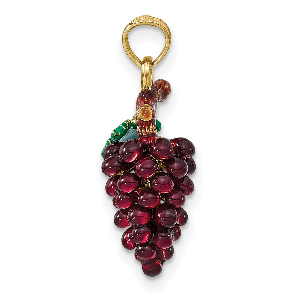 14k Yellow Gold Grape Cluster Pendant with Enamel Grapes and Leaf, Vineyard Nature Design