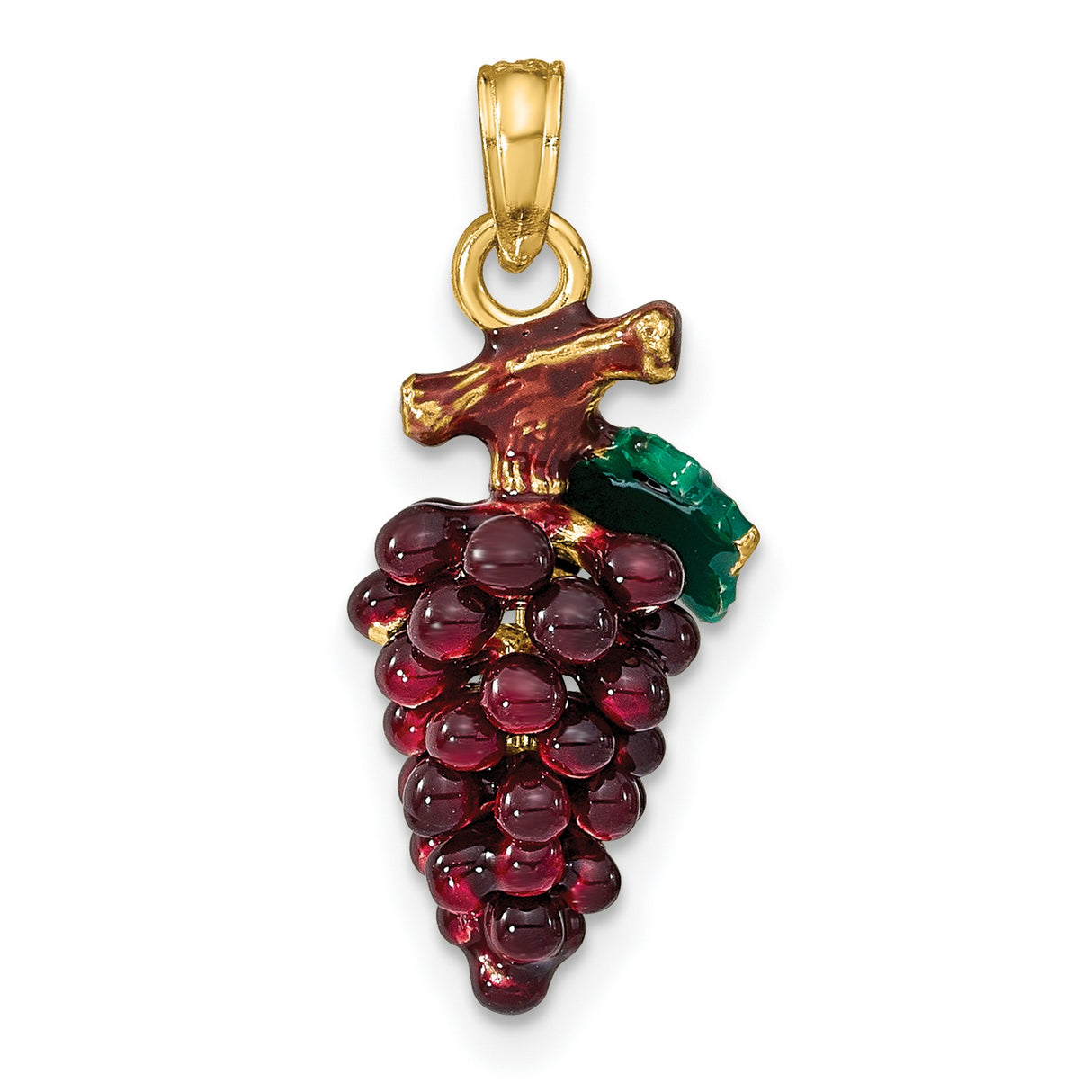14k Yellow Gold Grape Cluster Pendant with Enamel Grapes and Leaf, Vineyard Nature Design