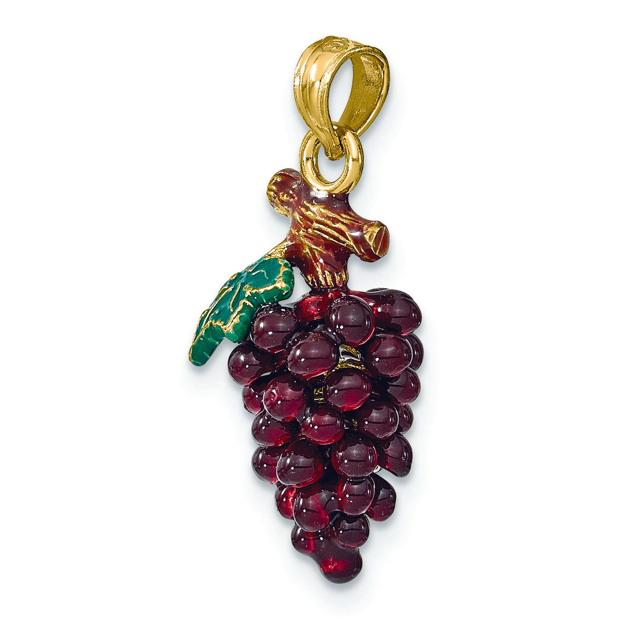 14k Yellow Gold Grape Cluster Pendant with Enamel Grapes and Leaf, Vineyard Nature Design