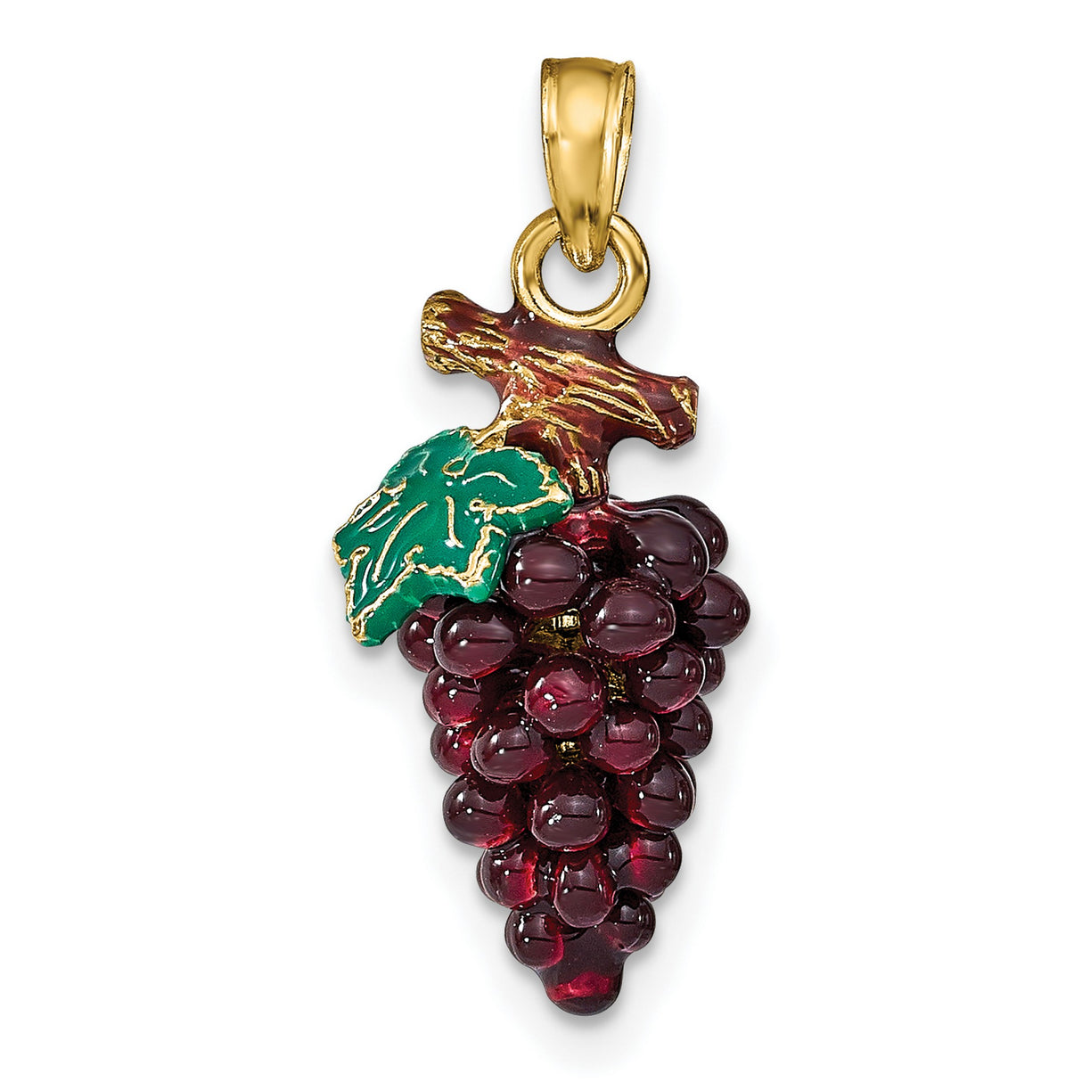 14k Yellow Gold Grape Cluster Pendant with Enamel Grapes and Leaf, Vineyard Nature Design