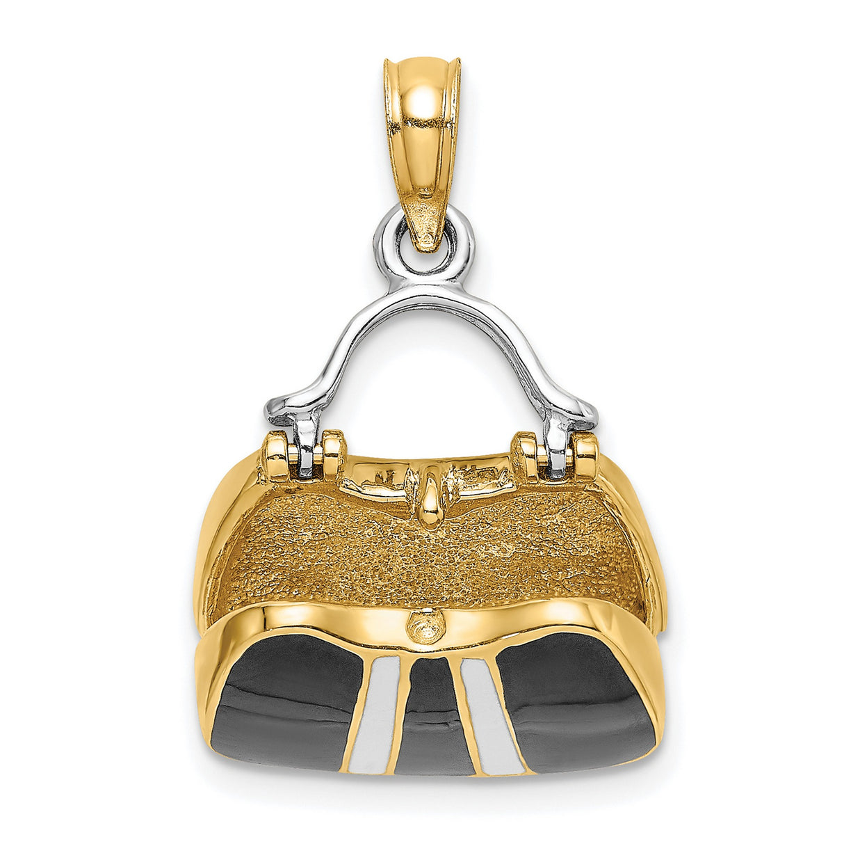 14k Multi-Tone Gold Pendant, Black and White Enamel Handbag Design, Purse Charm for Women