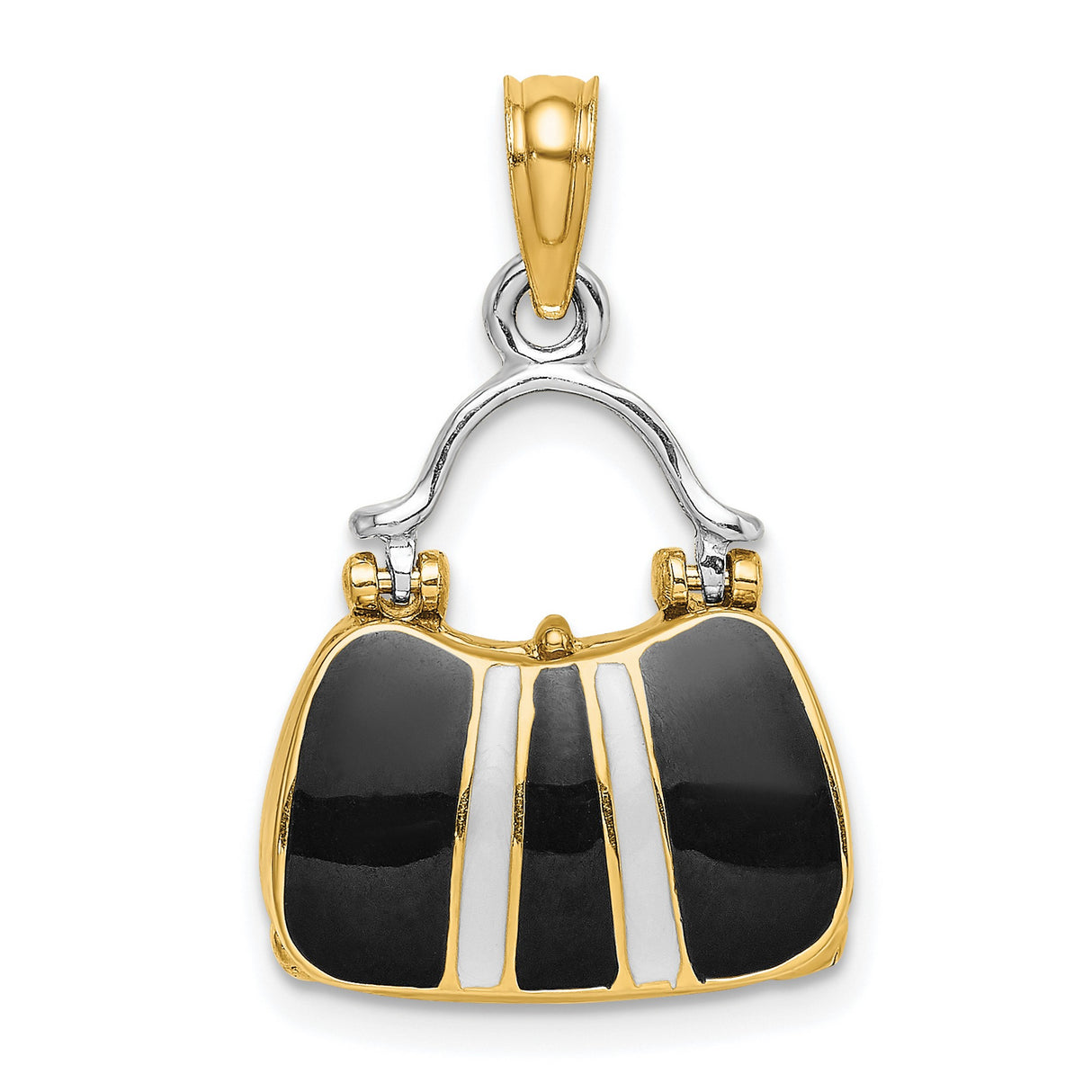 14k Multi-Tone Gold Pendant, Black and White Enamel Handbag Design, Purse Charm for Women