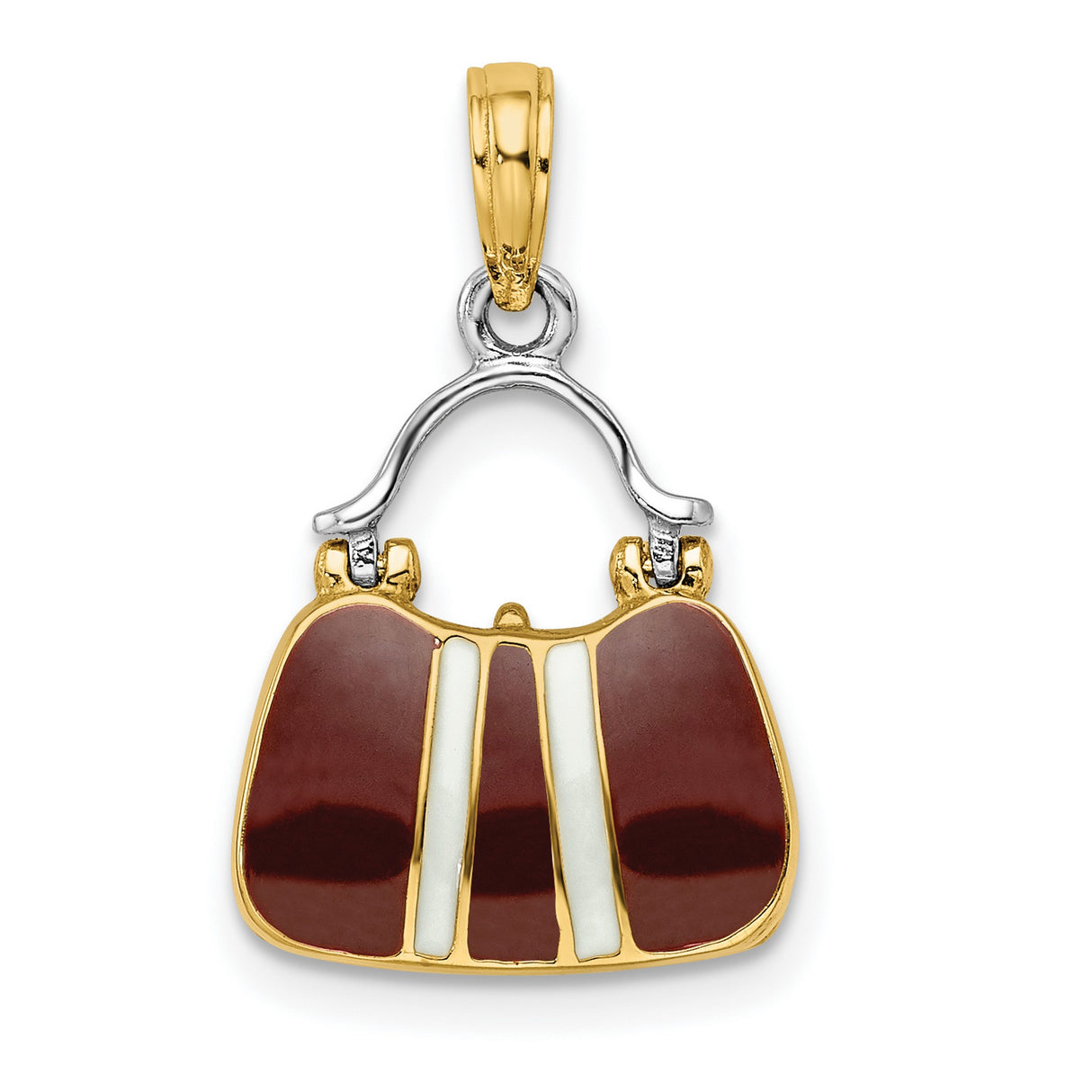 14k Multi-Tone Gold Handbag Pendant with Red and White Enamel, Rhodium Polished Purse Design Charm