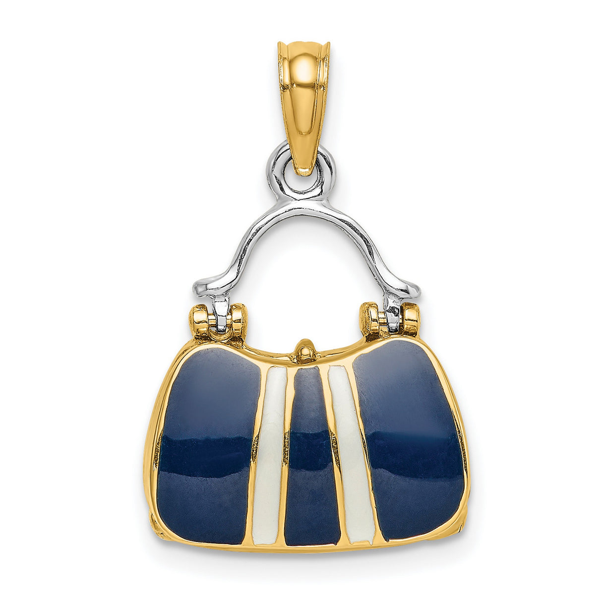 14k Yellow and Rhodium Gold Handbag Pendant with Navy Blue and White Enamel Accents