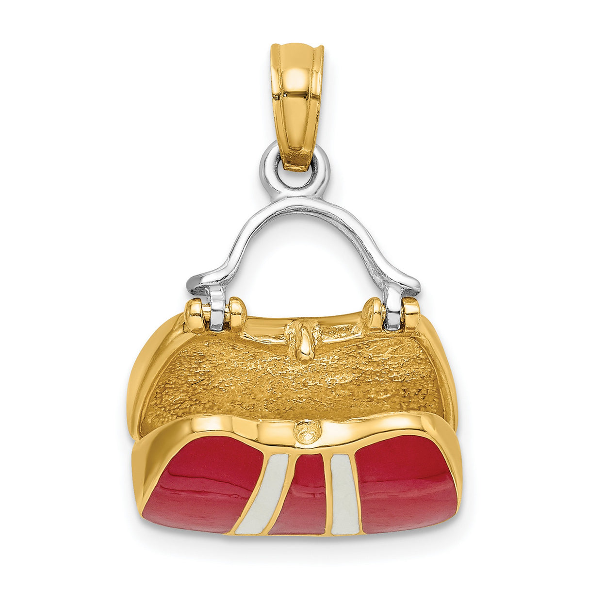 14k Yellow and Rhodium Gold Purse Pendant Charm with Red Enamel and White Stripes