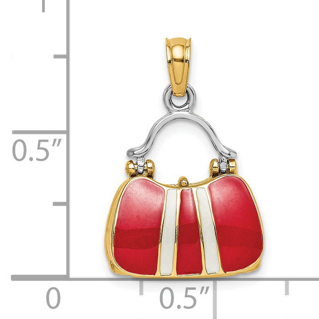 14k Yellow and Rhodium Gold Purse Pendant Charm with Red Enamel and White Stripes