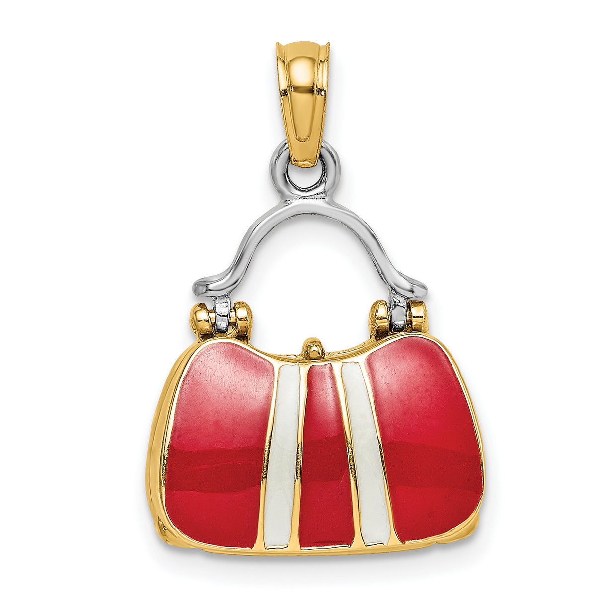 14k Yellow and Rhodium Gold Purse Pendant Charm with Red Enamel and White Stripes