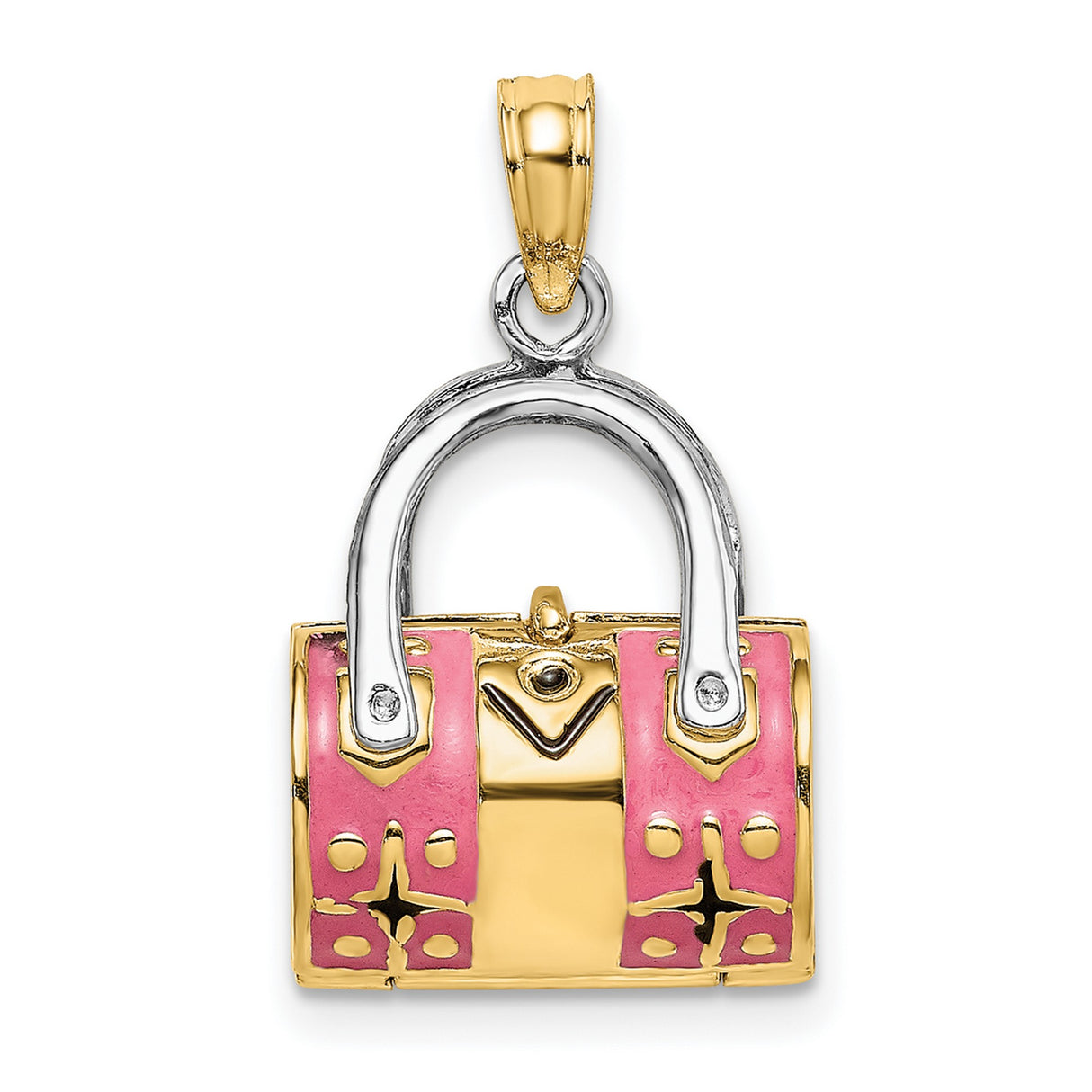 14k Multi-Tone Gold Handbag Charm Pendant with Pink Enamel Accents, Purse Style for Women