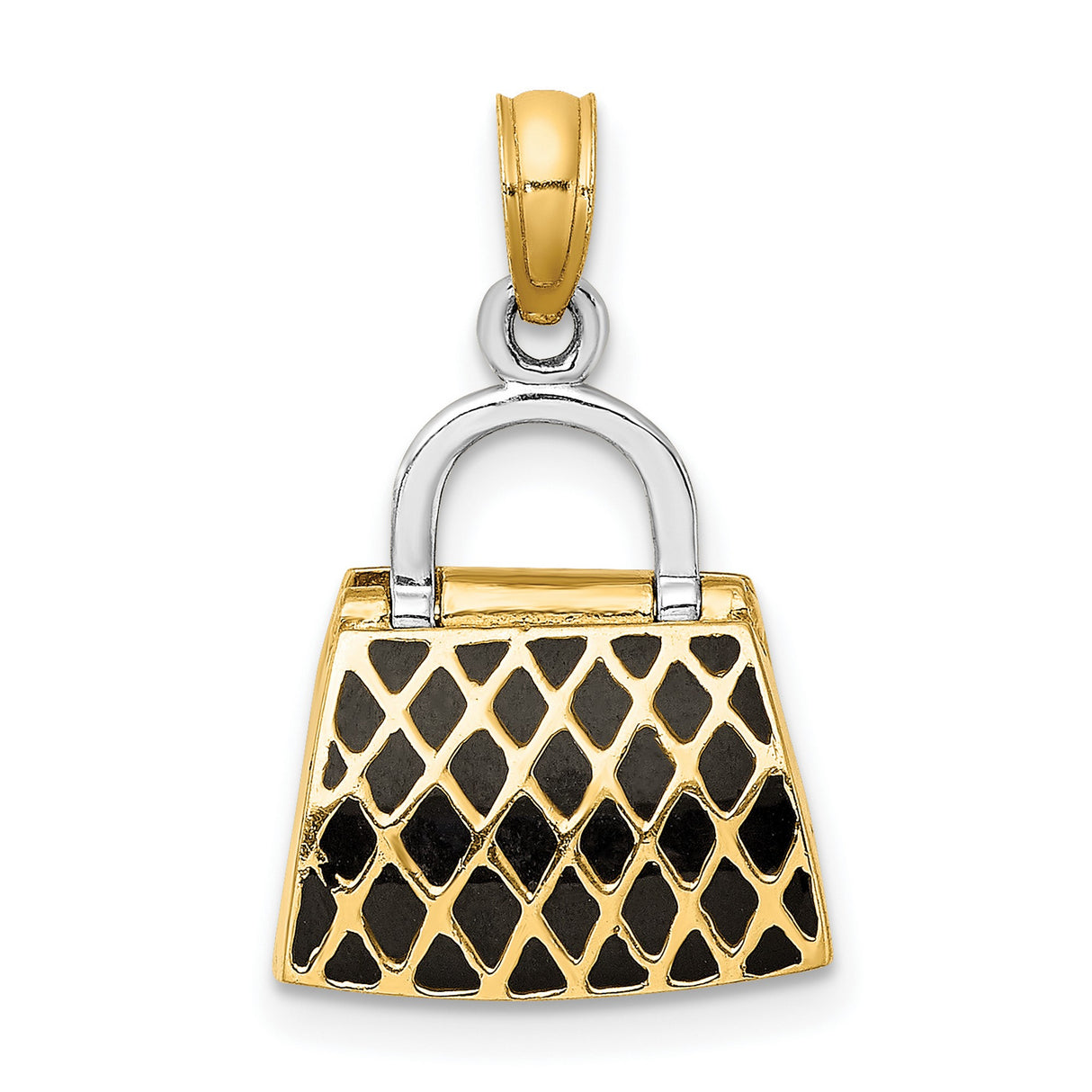 14k Multi-Tone Gold Handbag Pendant with Black and White Enamel, Quilted Purse Charm Design